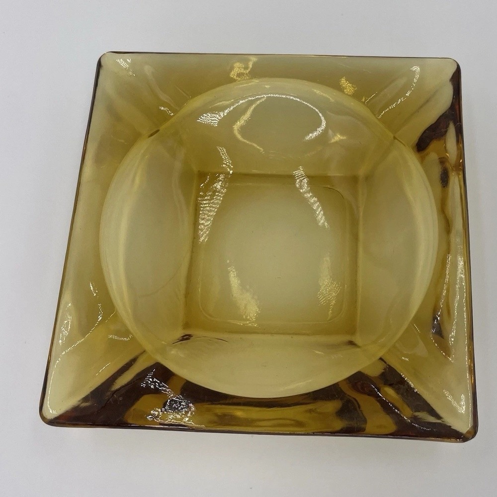 Vintage 70s Amber Gold Glass Square Ashtray 4 Large Cigar Sized Notches 4.5"